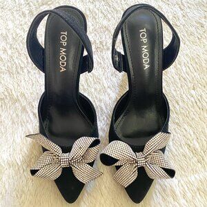 Top Moda Black Faux Suede Kitten Heels w/ Sparkly Bow - Slingback Pointed Toe